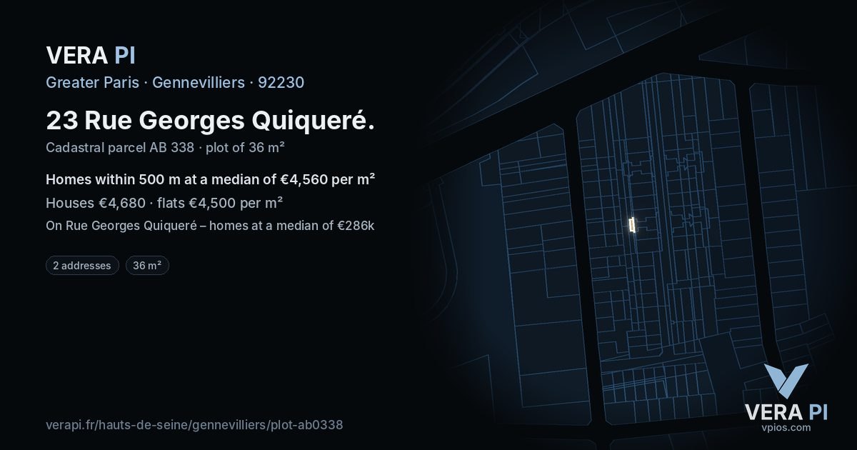 23 Rue Georges Quiqueré, Gennevilliers at night – the plot lit, the parcels around coloured by the prices near them
