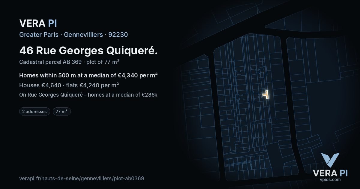 46 Rue Georges Quiqueré, Gennevilliers at night – the plot lit, the parcels around coloured by the prices near them
