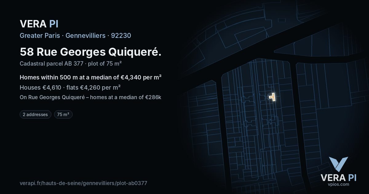 58 Rue Georges Quiqueré, Gennevilliers at night – the plot lit, the parcels around coloured by the prices near them