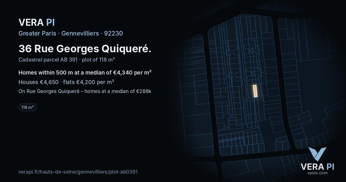36 Rue Georges Quiqueré, Gennevilliers at night – the plot lit, the parcels around coloured by the prices near them