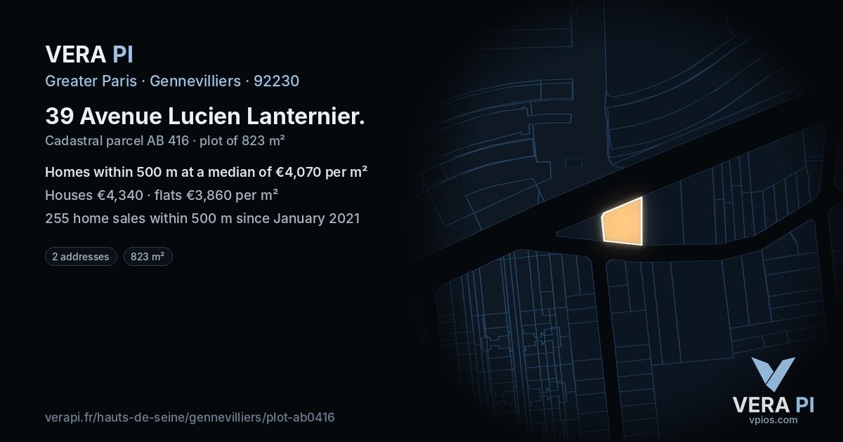 39 Avenue Lucien Lanternier, Gennevilliers at night – the plot lit, the parcels around coloured by the prices near them