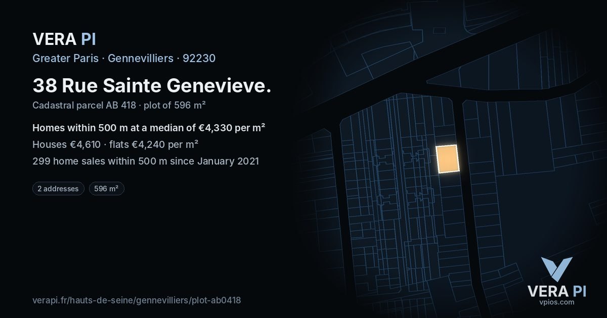 38 Rue Sainte Genevieve, Gennevilliers at night – the plot lit, the parcels around coloured by the prices near them