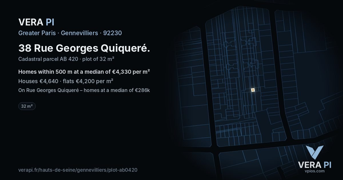 38 Rue Georges Quiqueré, Gennevilliers at night – the plot lit, the parcels around coloured by the prices near them