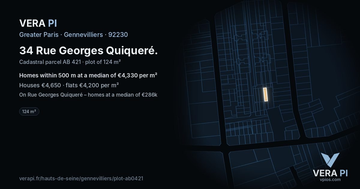 34 Rue Georges Quiqueré, Gennevilliers at night – the plot lit, the parcels around coloured by the prices near them