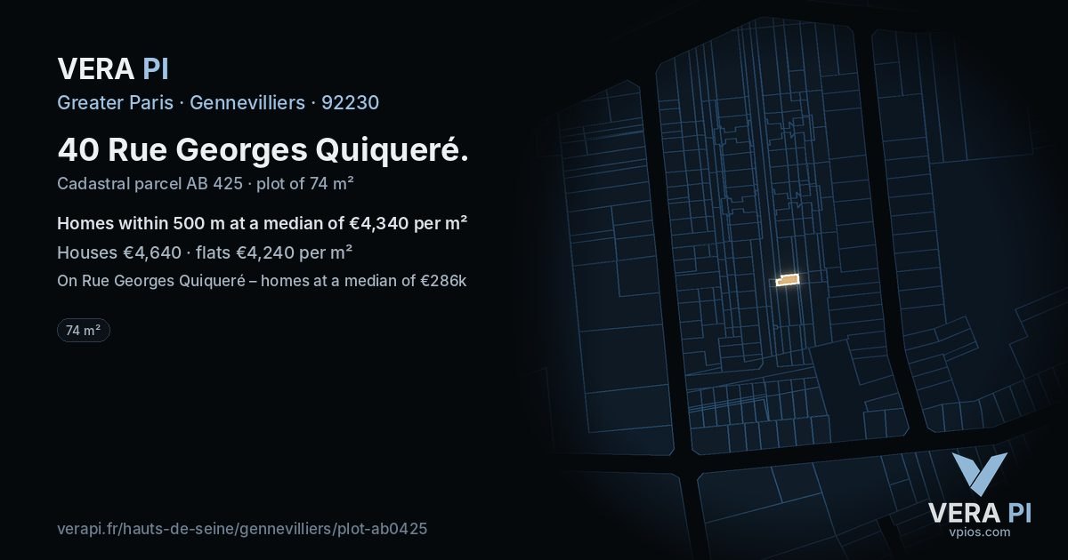 40 Rue Georges Quiqueré, Gennevilliers at night – the plot lit, the parcels around coloured by the prices near them