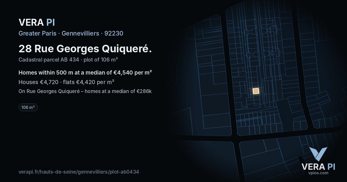 28 Rue Georges Quiqueré, Gennevilliers at night – the plot lit, the parcels around coloured by the prices near them