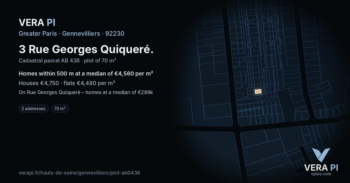 3 Rue Georges Quiqueré, Gennevilliers at night – the plot lit, the parcels around coloured by the prices near them