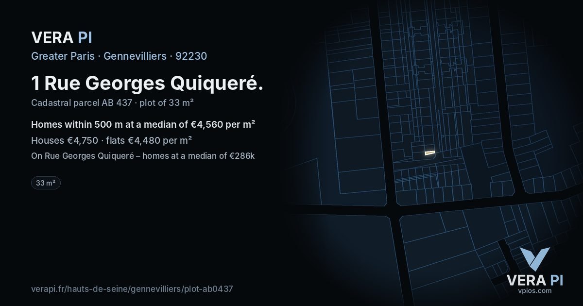 1 Rue Georges Quiqueré, Gennevilliers at night – the plot lit, the parcels around coloured by the prices near them