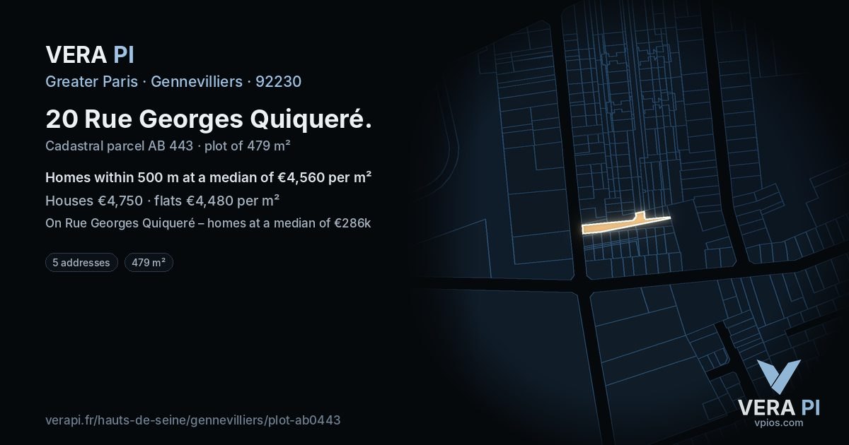 20 Rue Georges Quiqueré, Gennevilliers at night – the plot lit, the parcels around coloured by the prices near them
