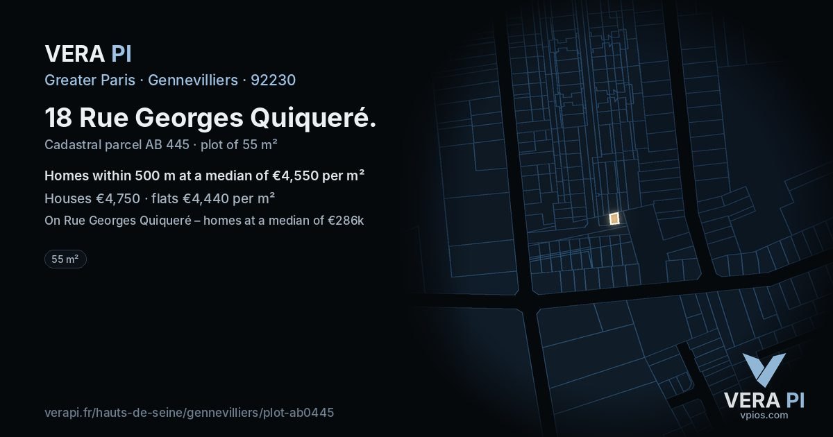 18 Rue Georges Quiqueré, Gennevilliers at night – the plot lit, the parcels around coloured by the prices near them