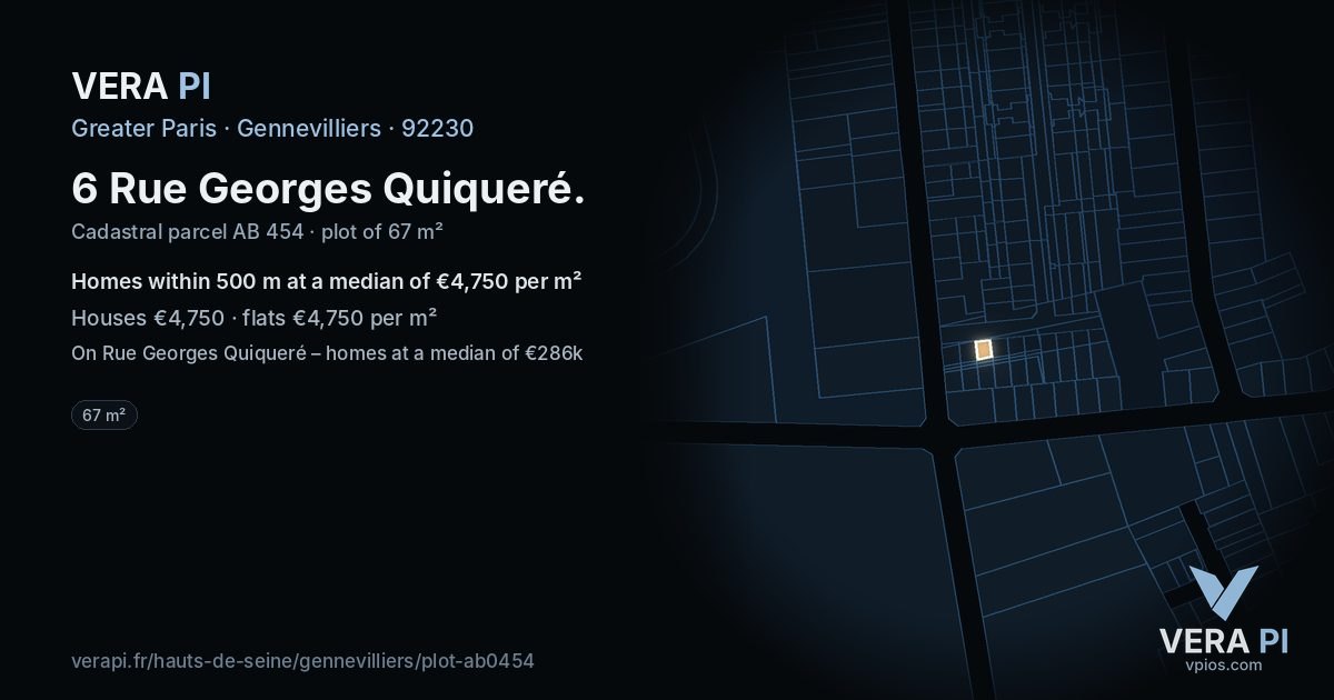 6 Rue Georges Quiqueré, Gennevilliers at night – the plot lit, the parcels around coloured by the prices near them