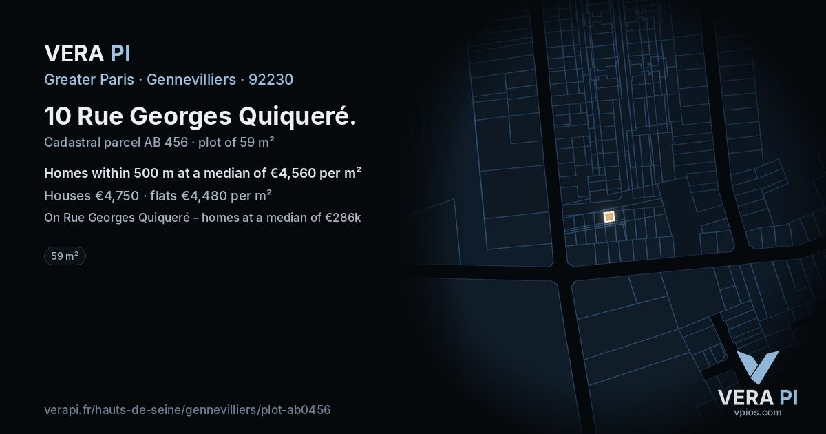 10 Rue Georges Quiqueré, Gennevilliers at night – the plot lit, the parcels around coloured by the prices near them