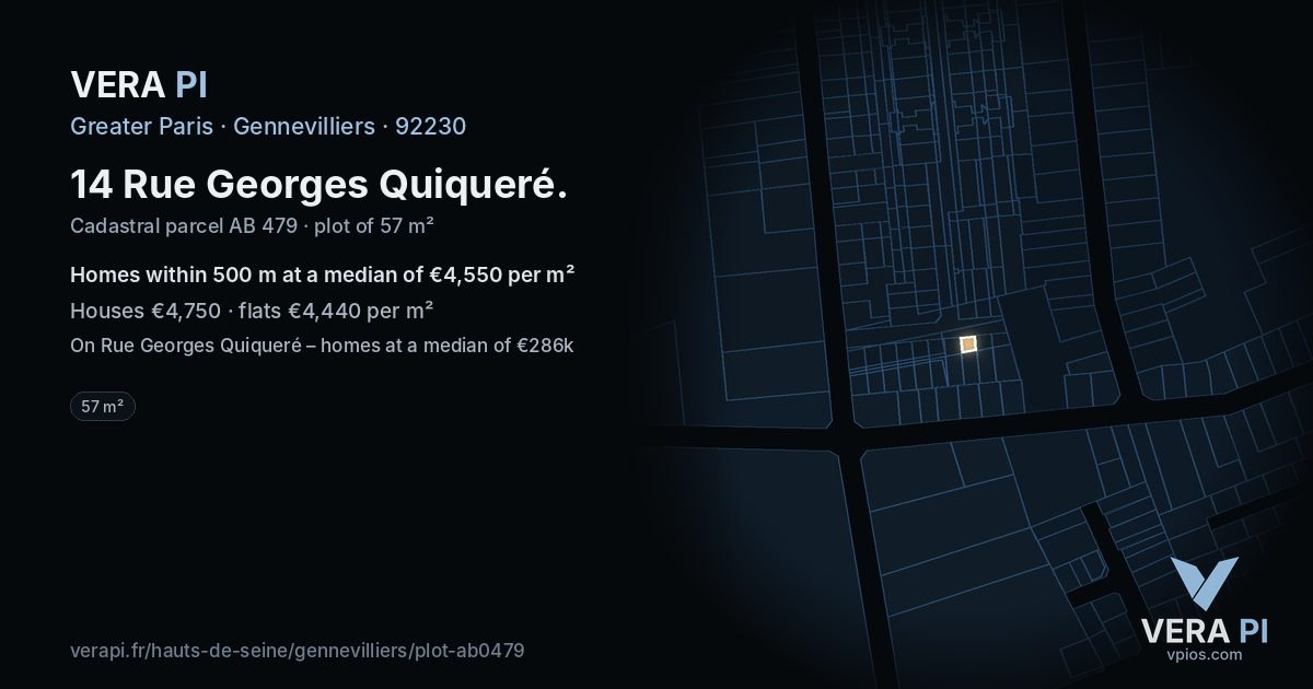 14 Rue Georges Quiqueré, Gennevilliers at night – the plot lit, the parcels around coloured by the prices near them