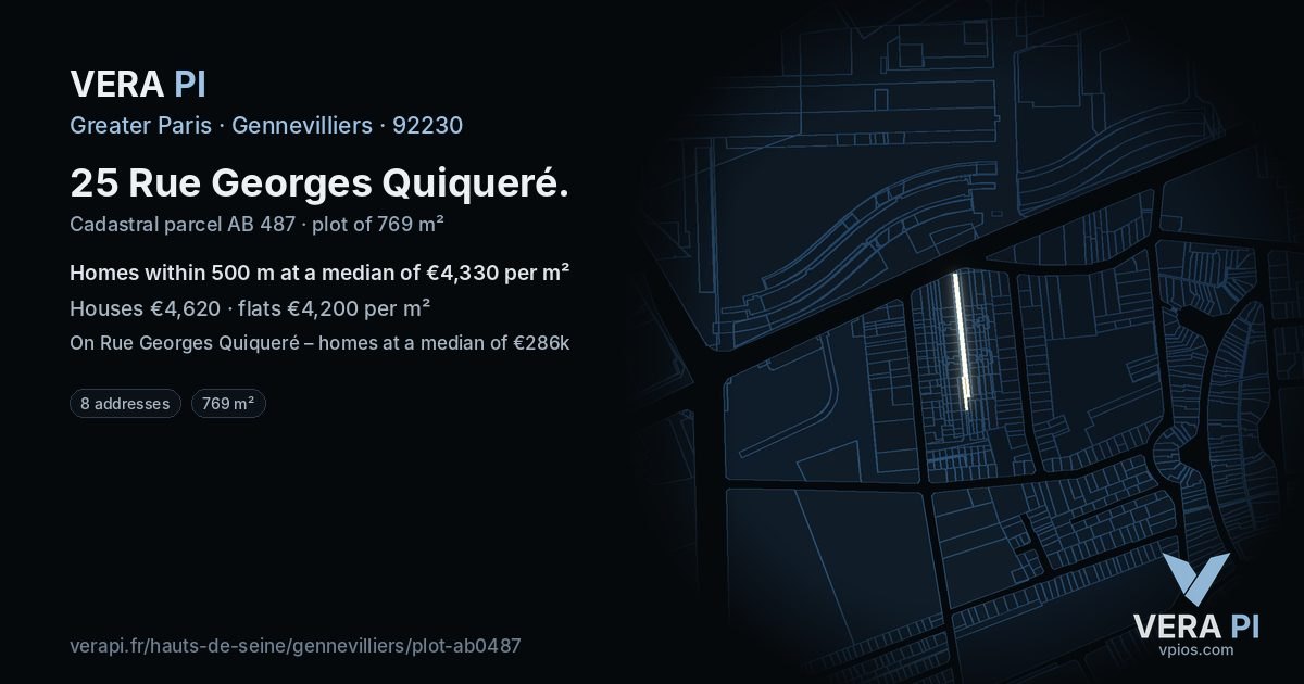 25 Rue Georges Quiqueré, Gennevilliers at night – the plot lit, the parcels around coloured by the prices near them