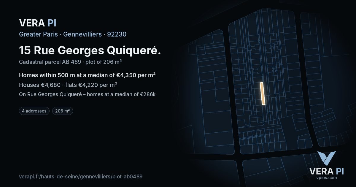 15 Rue Georges Quiqueré, Gennevilliers at night – the plot lit, the parcels around coloured by the prices near them