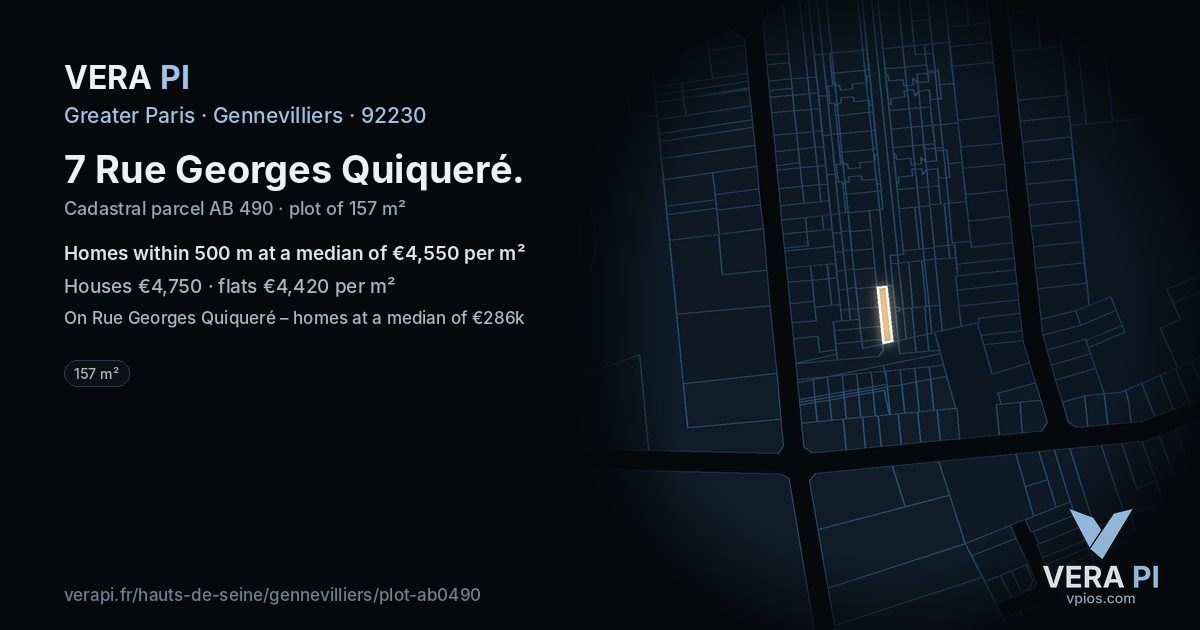 7 Rue Georges Quiqueré, Gennevilliers at night – the plot lit, the parcels around coloured by the prices near them