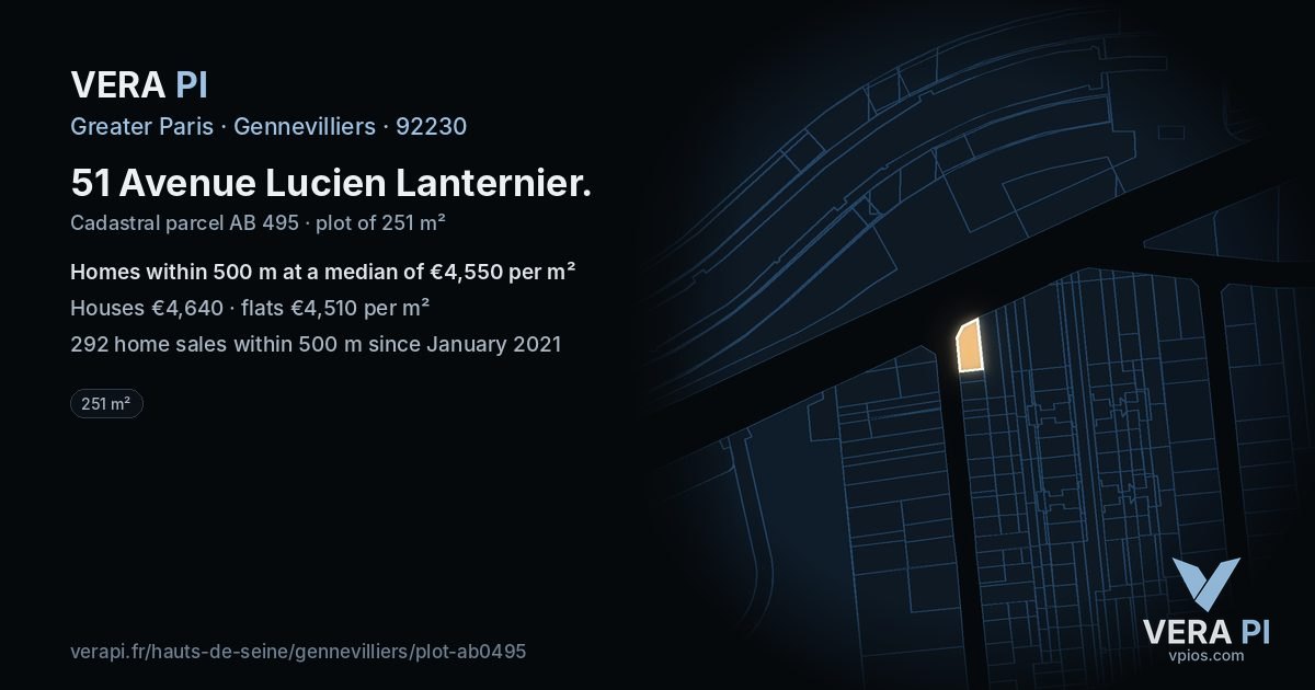 51 Avenue Lucien Lanternier, Gennevilliers at night – the plot lit, the parcels around coloured by the prices near them