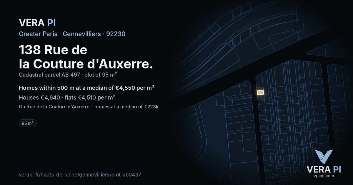 138 Rue de la Couture d'Auxerre, Gennevilliers at night – the plot lit, the parcels around coloured by the prices near them