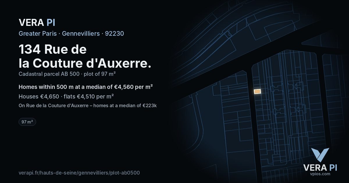 134 Rue de la Couture d'Auxerre, Gennevilliers at night – the plot lit, the parcels around coloured by the prices near them