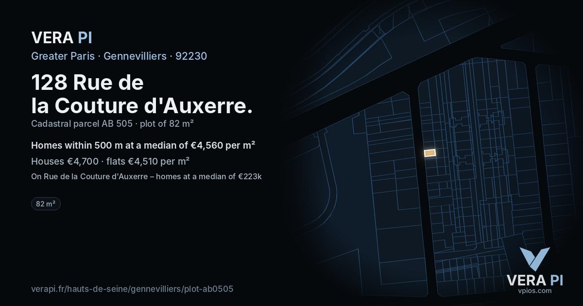 128 Rue de la Couture d'Auxerre, Gennevilliers at night – the plot lit, the parcels around coloured by the prices near them