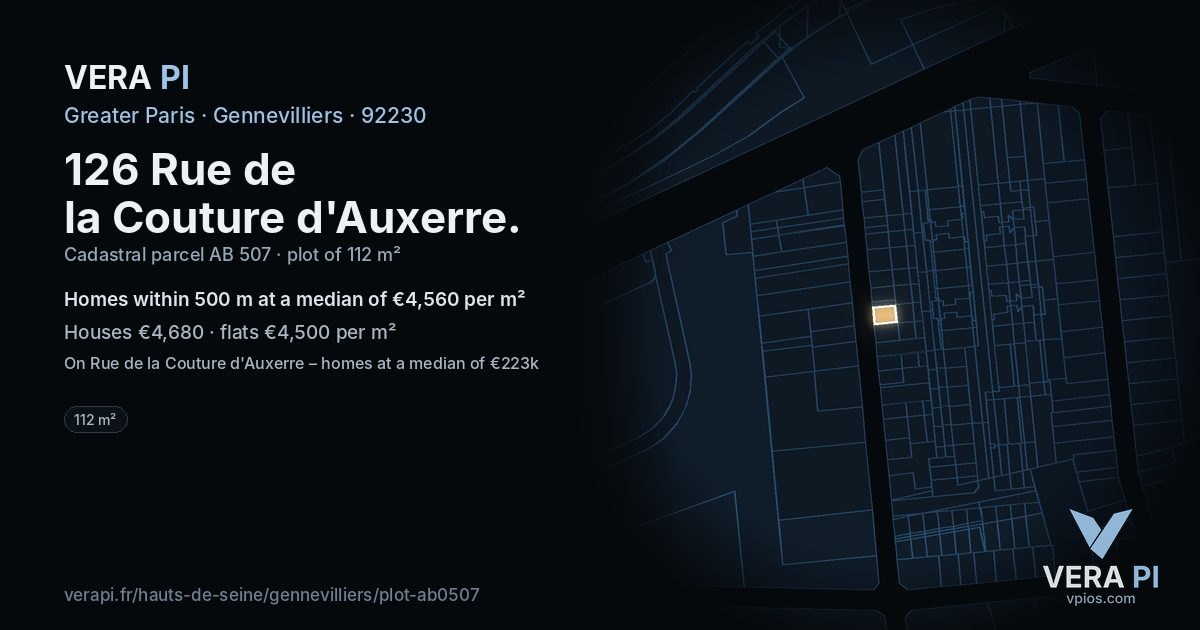 126 Rue de la Couture d'Auxerre, Gennevilliers at night – the plot lit, the parcels around coloured by the prices near them