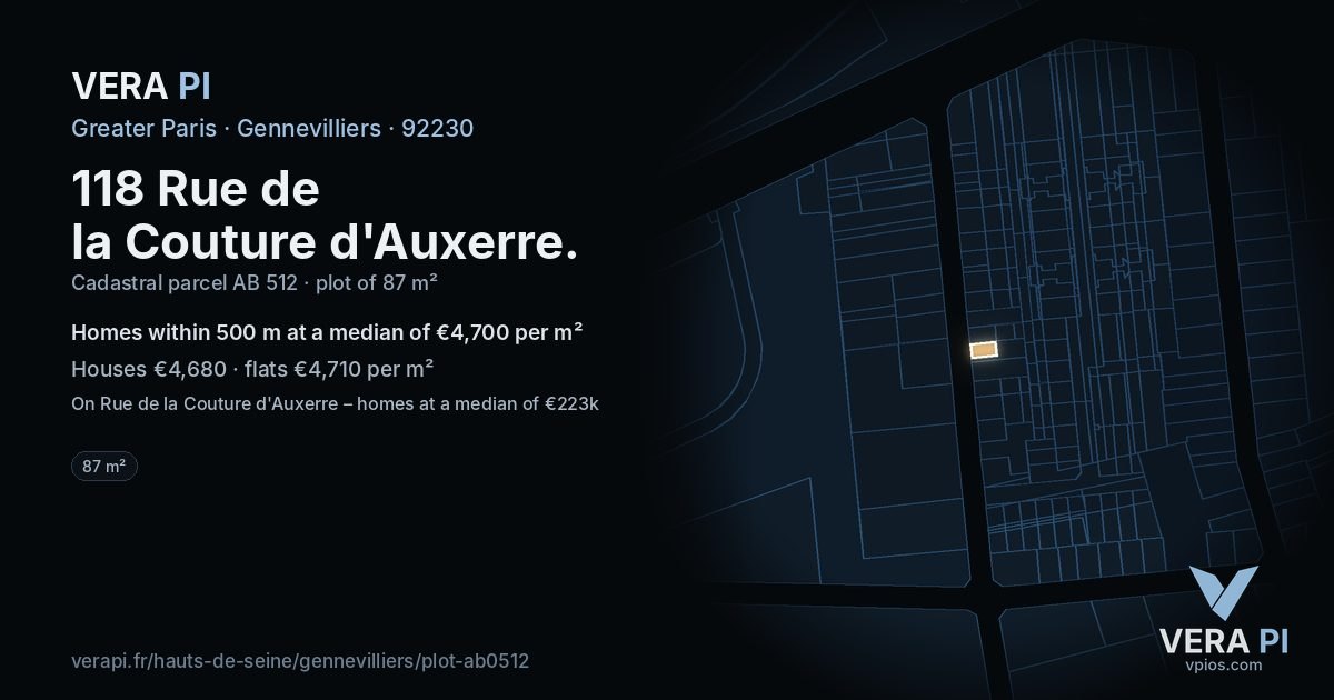 118 Rue de la Couture d'Auxerre, Gennevilliers at night – the plot lit, the parcels around coloured by the prices near them