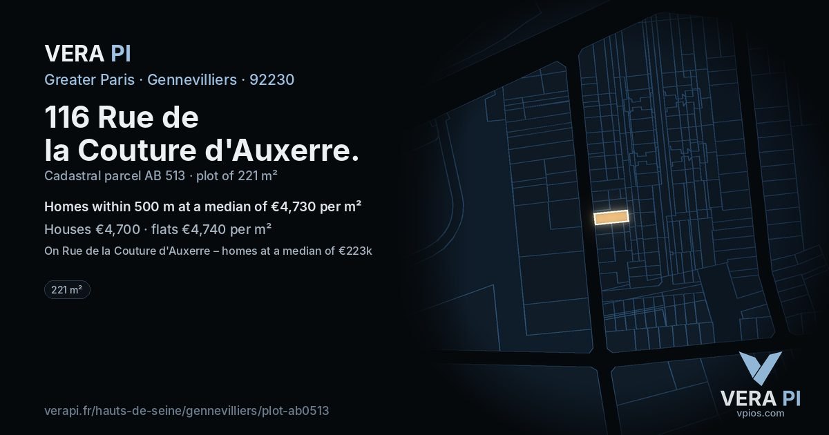 116 Rue de la Couture d'Auxerre, Gennevilliers at night – the plot lit, the parcels around coloured by the prices near them