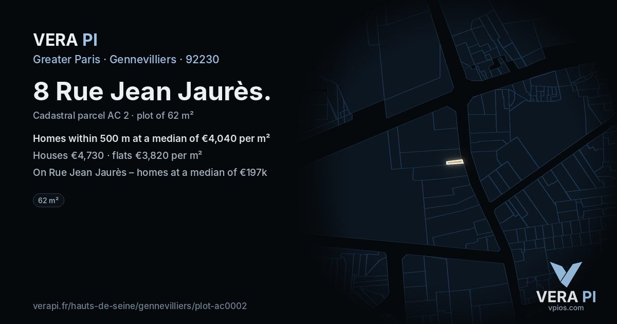 8 Rue Jean Jaurès, Gennevilliers at night – the plot lit, the parcels around coloured by the prices near them