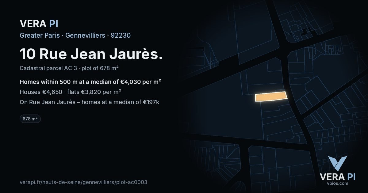 10 Rue Jean Jaurès, Gennevilliers at night – the plot lit, the parcels around coloured by the prices near them