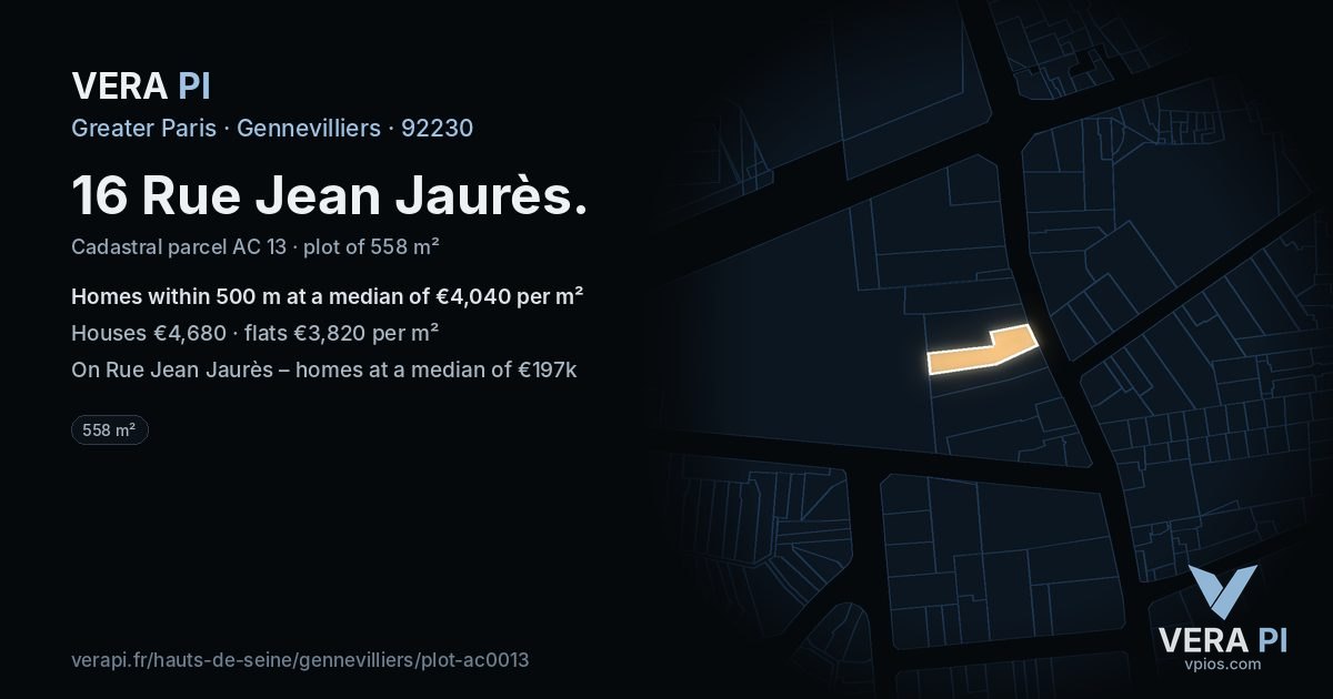 16 Rue Jean Jaurès, Gennevilliers at night – the plot lit, the parcels around coloured by the prices near them