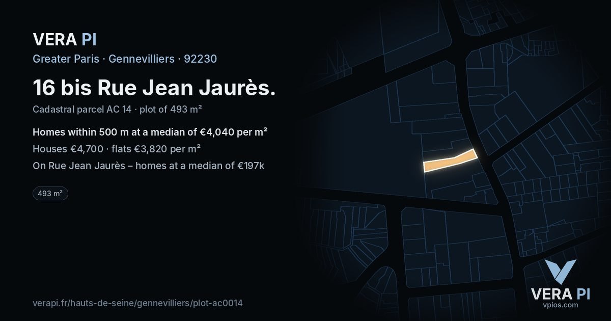 16 bis Rue Jean Jaurès, Gennevilliers at night – the plot lit, the parcels around coloured by the prices near them