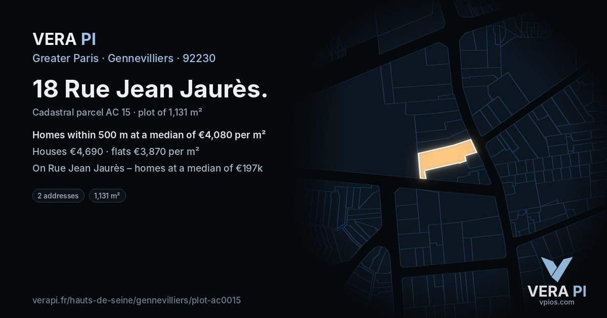 18 Rue Jean Jaurès, Gennevilliers at night – the plot lit, the parcels around coloured by the prices near them