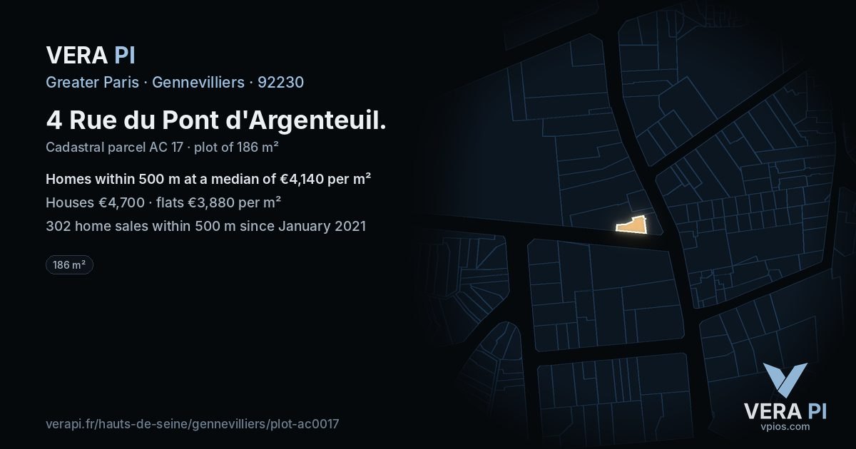 4 Rue du Pont d'Argenteuil, Gennevilliers at night – the plot lit, the parcels around coloured by the prices near them