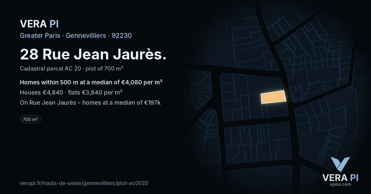 28 Rue Jean Jaurès, Gennevilliers at night – the plot lit, the parcels around coloured by the prices near them