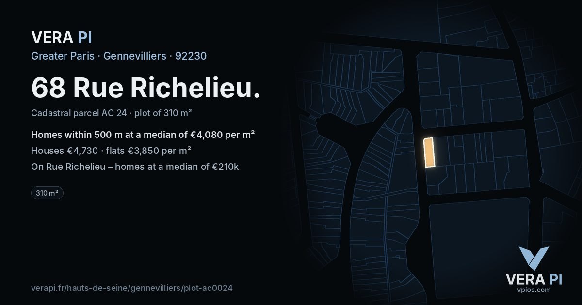 68 Rue Richelieu, Gennevilliers at night – the plot lit, the parcels around coloured by the prices near them