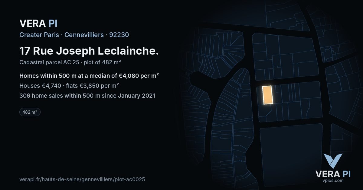 17 Rue Joseph Leclainche, Gennevilliers at night – the plot lit, the parcels around coloured by the prices near them