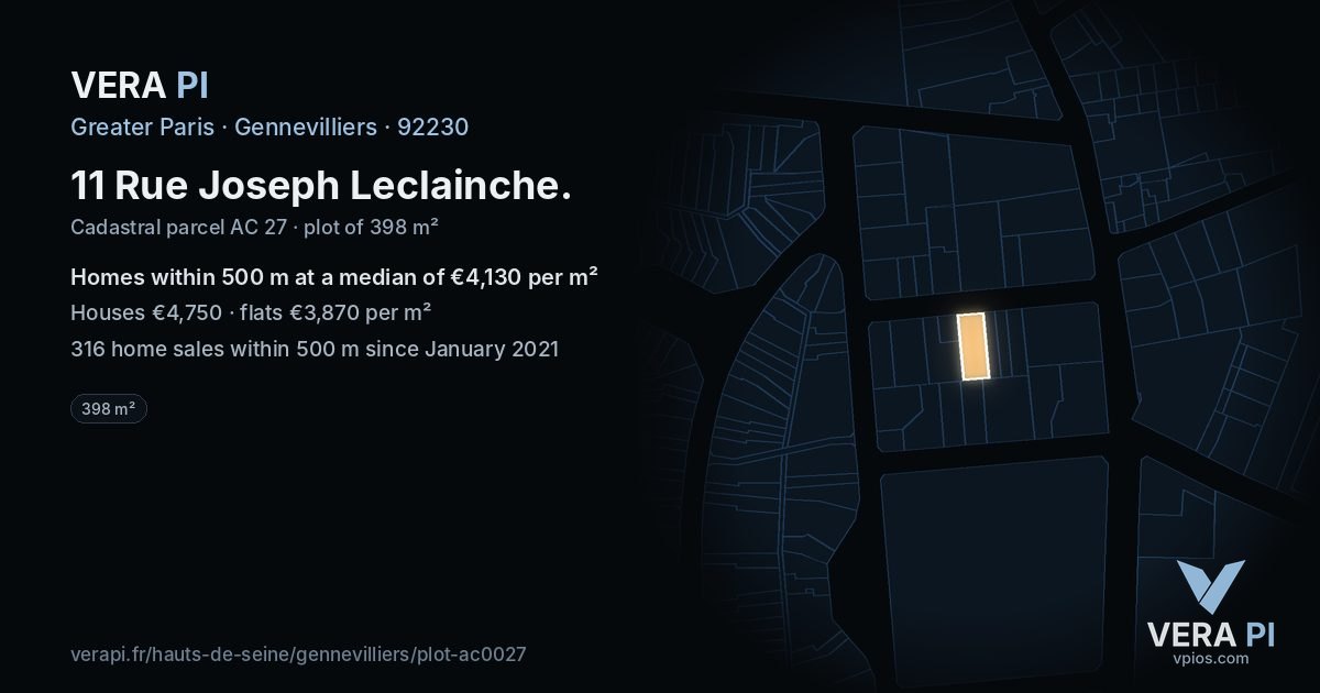 11 Rue Joseph Leclainche, Gennevilliers at night – the plot lit, the parcels around coloured by the prices near them