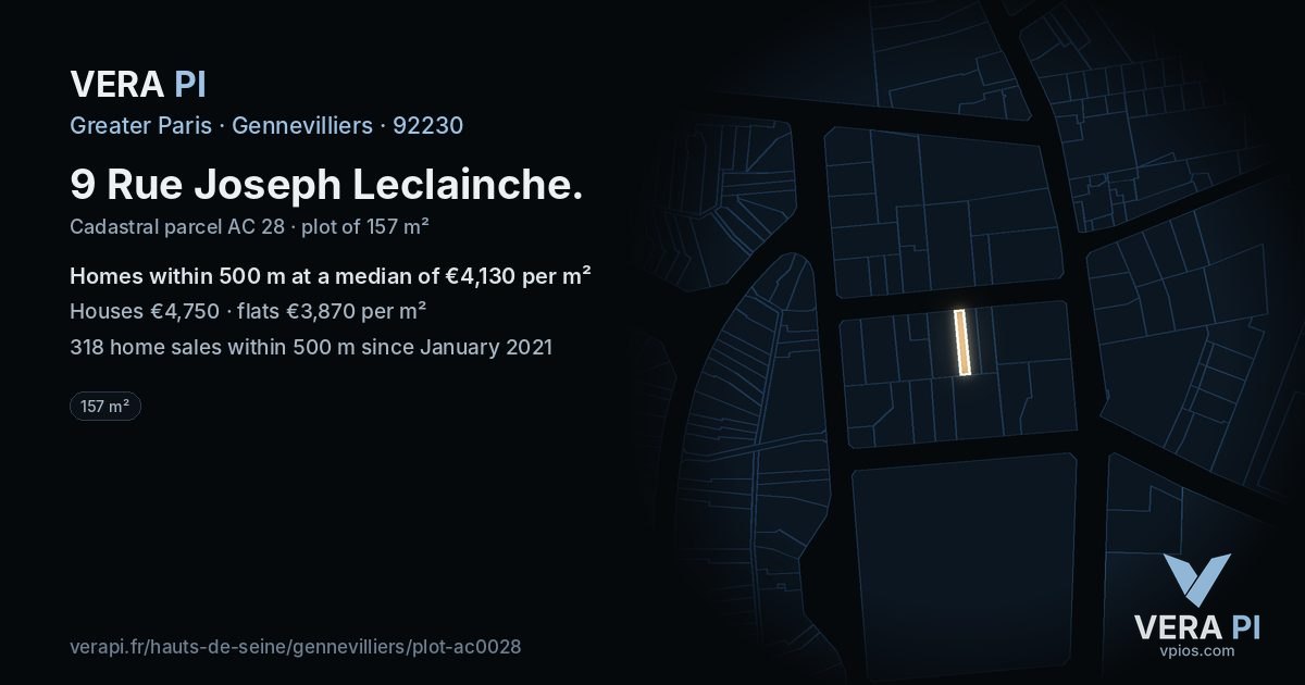9 Rue Joseph Leclainche, Gennevilliers at night – the plot lit, the parcels around coloured by the prices near them