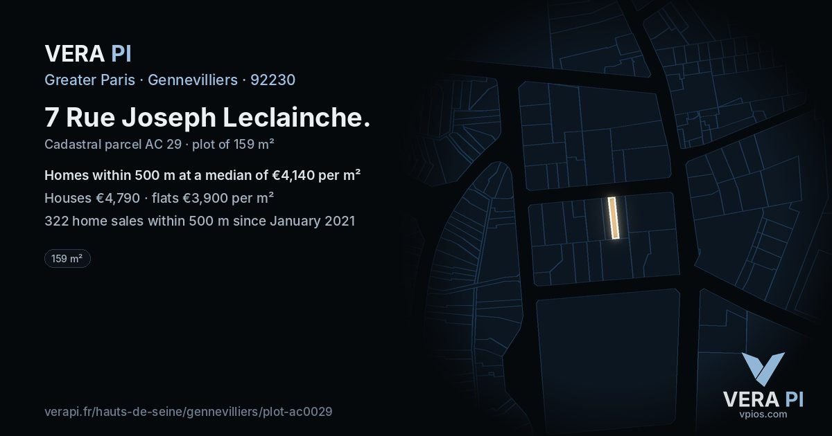 7 Rue Joseph Leclainche, Gennevilliers at night – the plot lit, the parcels around coloured by the prices near them