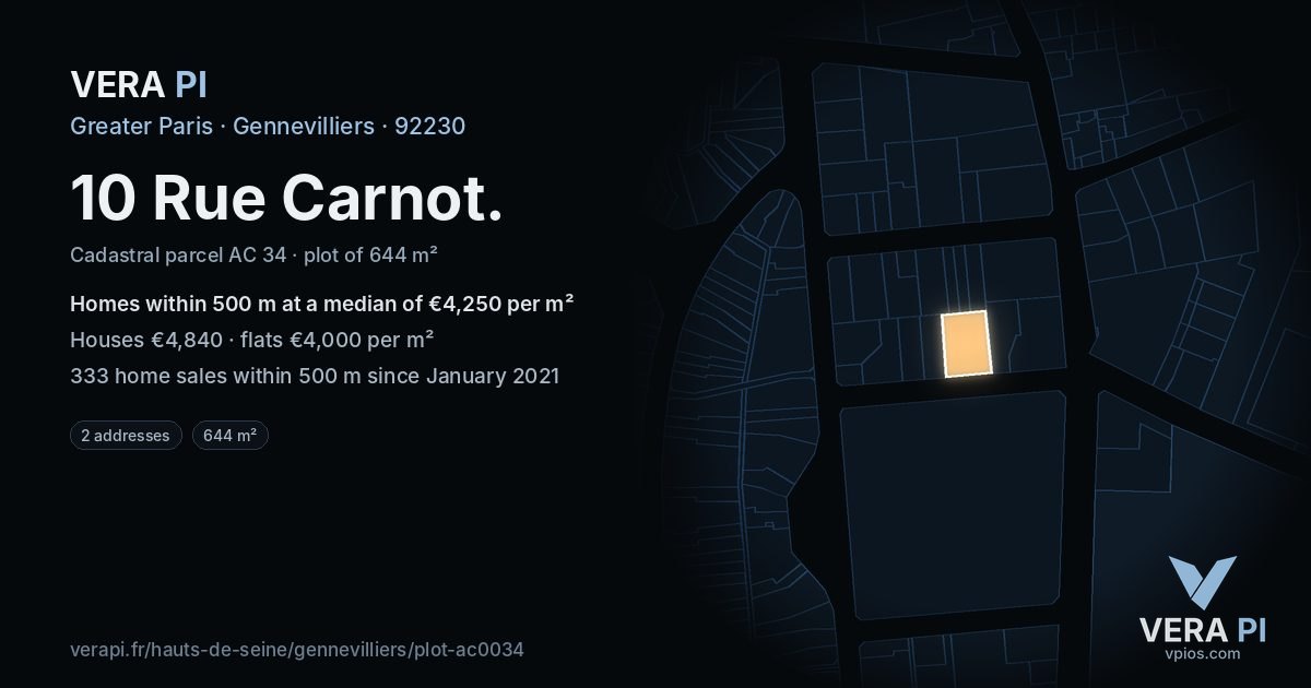 10 Rue Carnot, Gennevilliers at night – the plot lit, the parcels around coloured by the prices near them