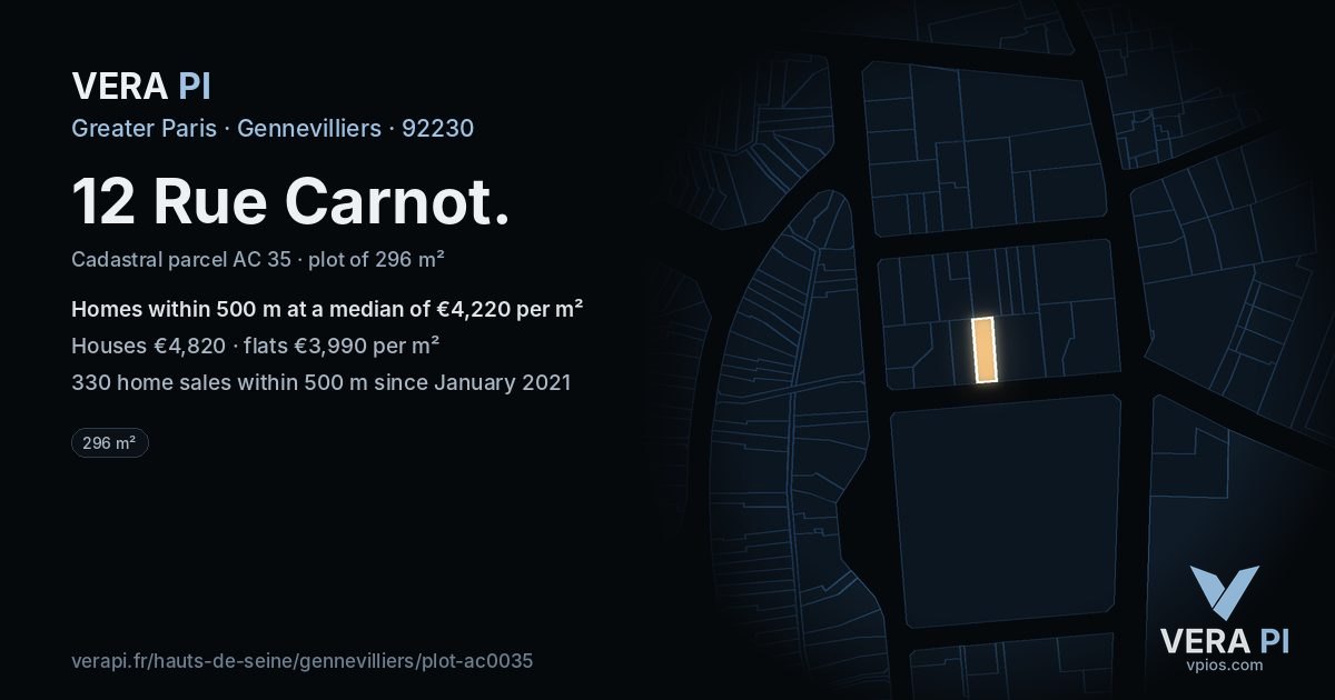 12 Rue Carnot, Gennevilliers at night – the plot lit, the parcels around coloured by the prices near them