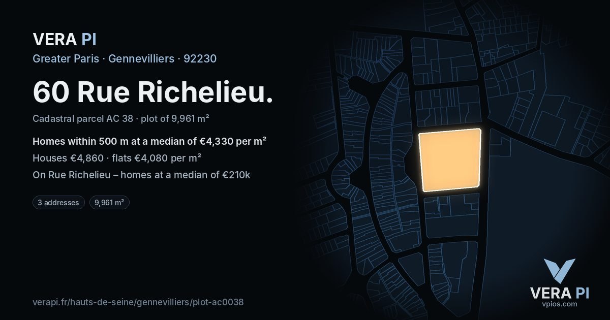 60 Rue Richelieu, Gennevilliers at night – the plot lit, the parcels around coloured by the prices near them
