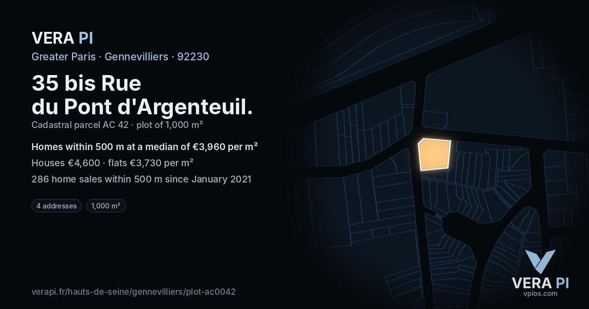 35 bis Rue du Pont d'Argenteuil, Gennevilliers at night – the plot lit, the parcels around coloured by the prices near them
