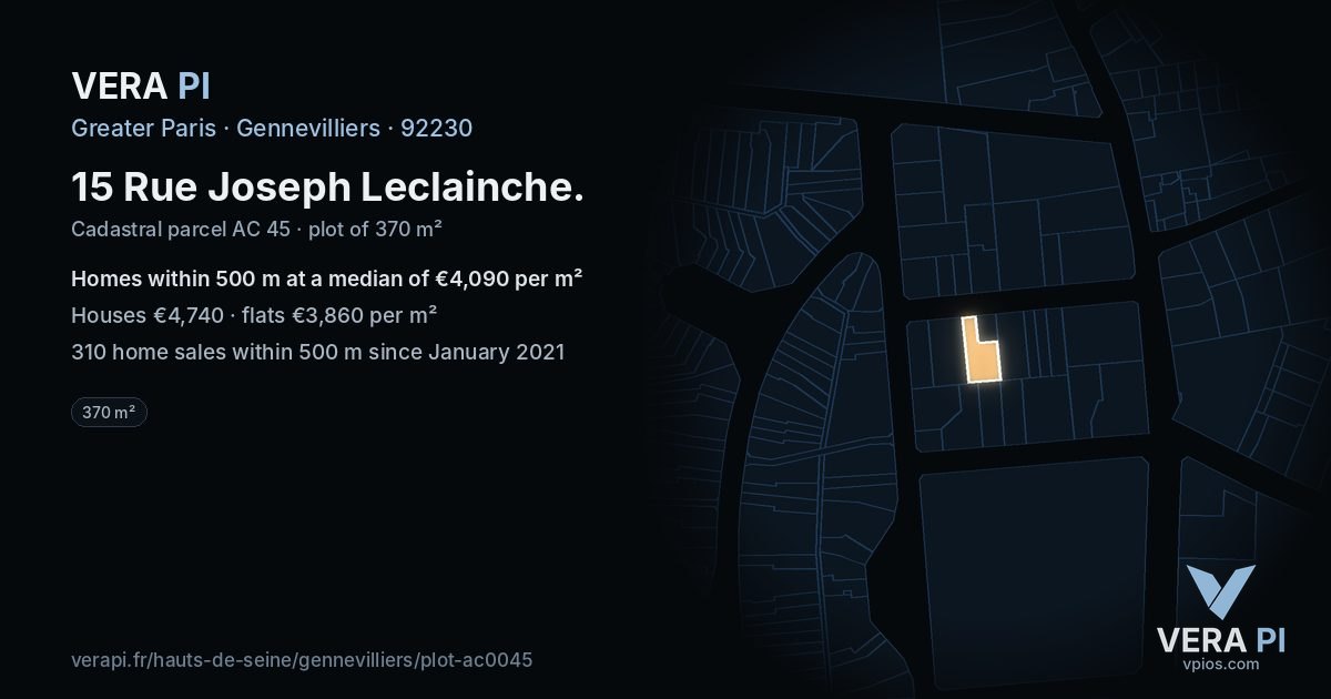 15 Rue Joseph Leclainche, Gennevilliers at night – the plot lit, the parcels around coloured by the prices near them