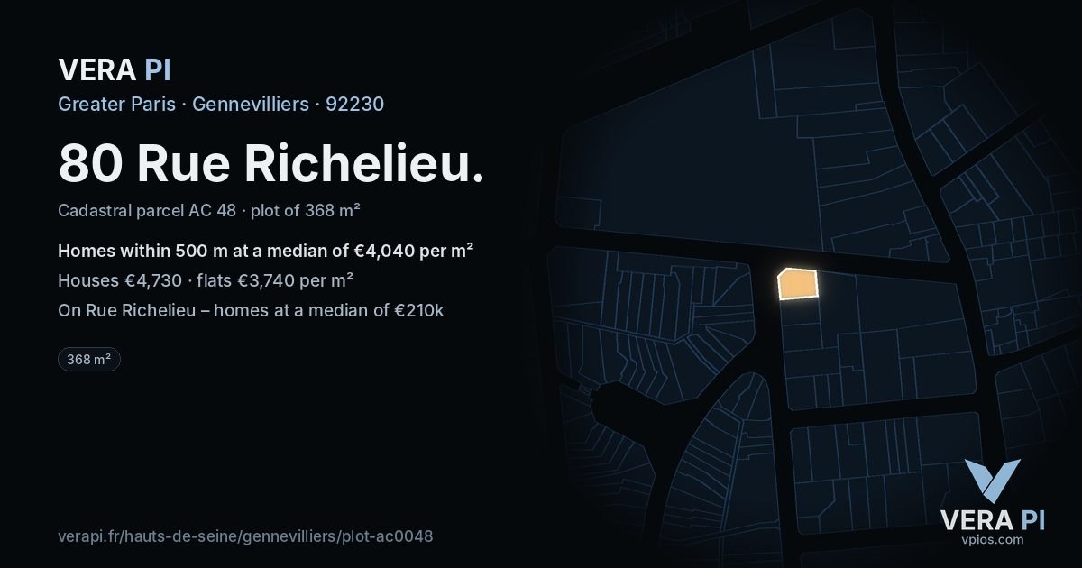80 Rue Richelieu, Gennevilliers at night – the plot lit, the parcels around coloured by the prices near them