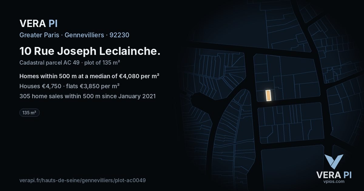 10 Rue Joseph Leclainche, Gennevilliers at night – the plot lit, the parcels around coloured by the prices near them