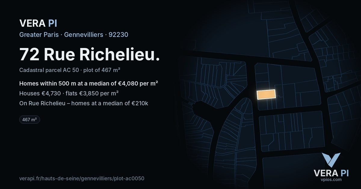 72 Rue Richelieu, Gennevilliers at night – the plot lit, the parcels around coloured by the prices near them