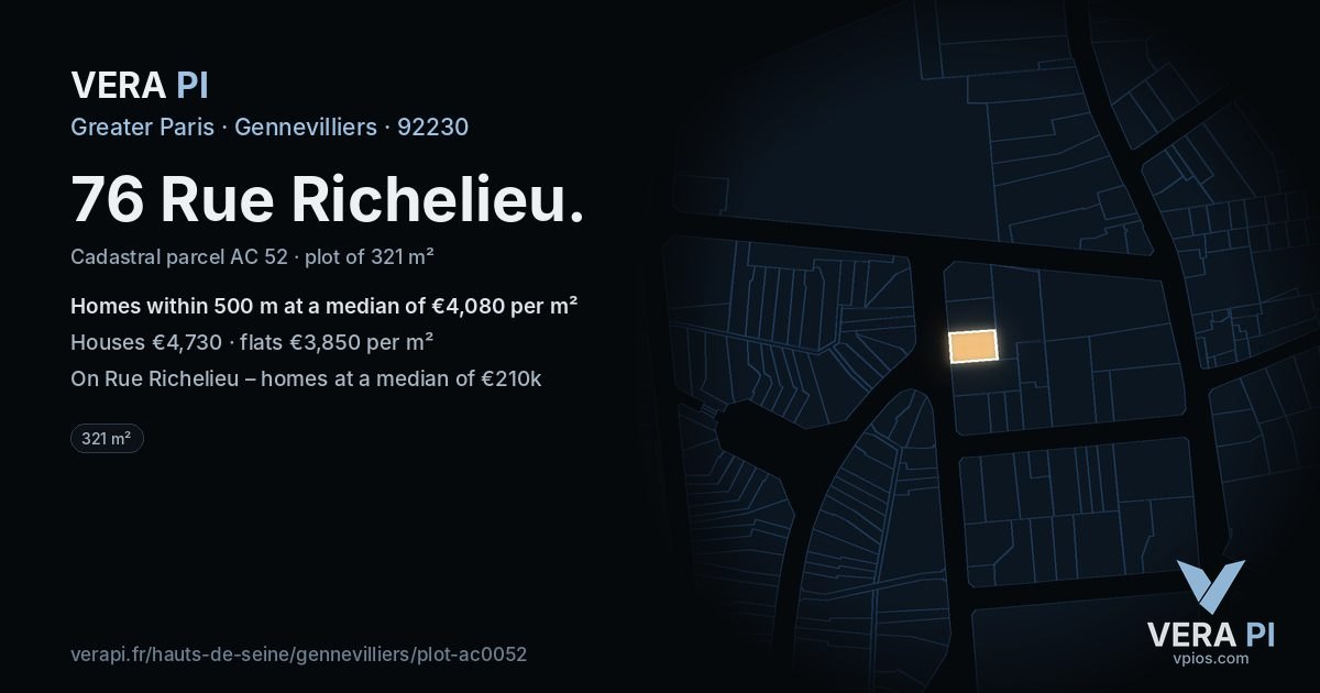 76 Rue Richelieu, Gennevilliers at night – the plot lit, the parcels around coloured by the prices near them