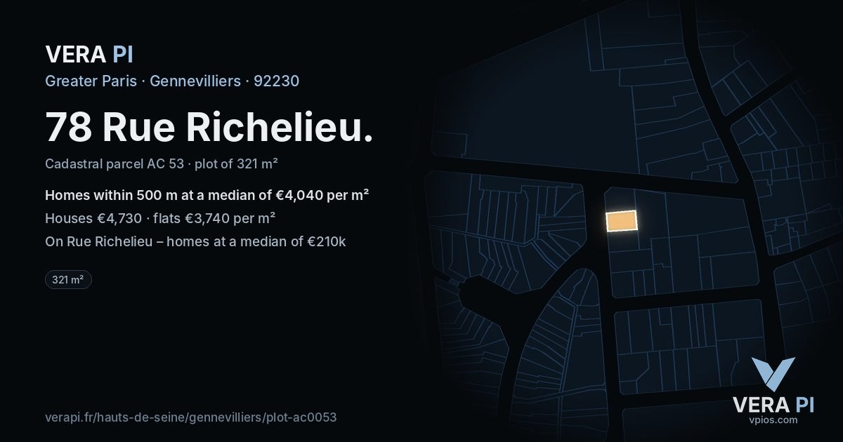 78 Rue Richelieu, Gennevilliers at night – the plot lit, the parcels around coloured by the prices near them