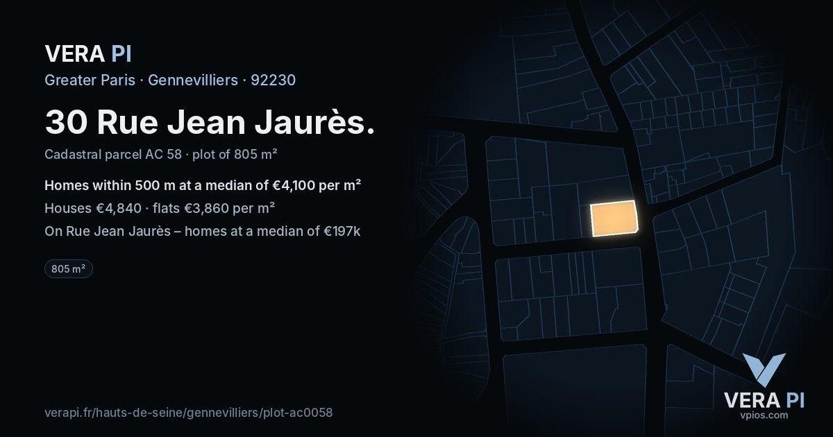30 Rue Jean Jaurès, Gennevilliers at night – the plot lit, the parcels around coloured by the prices near them